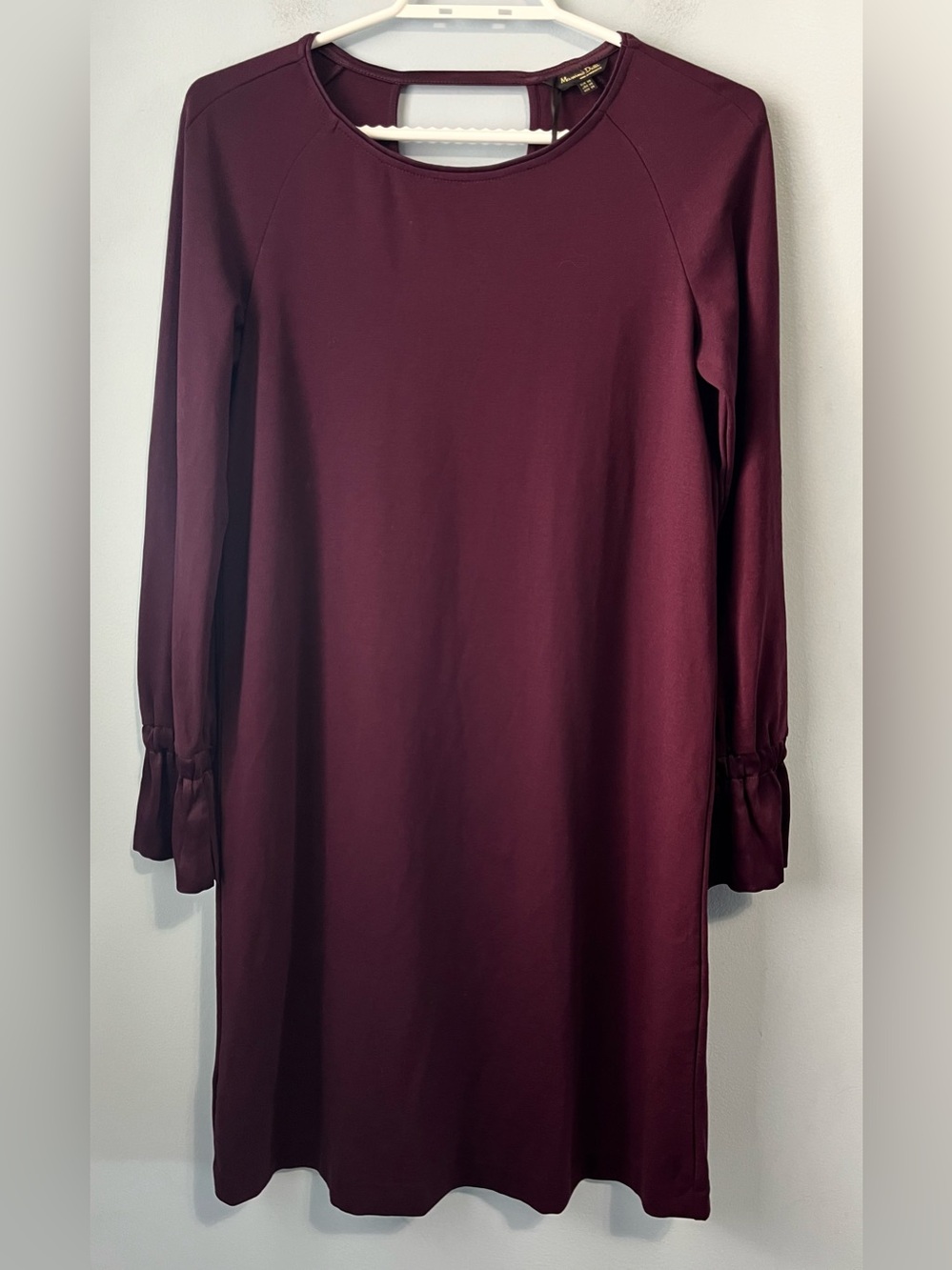 NWT Massimo Dutti Maroon Ponte Long-Sleeve Mini Shift Dress Ruffle Cuffs Size XS